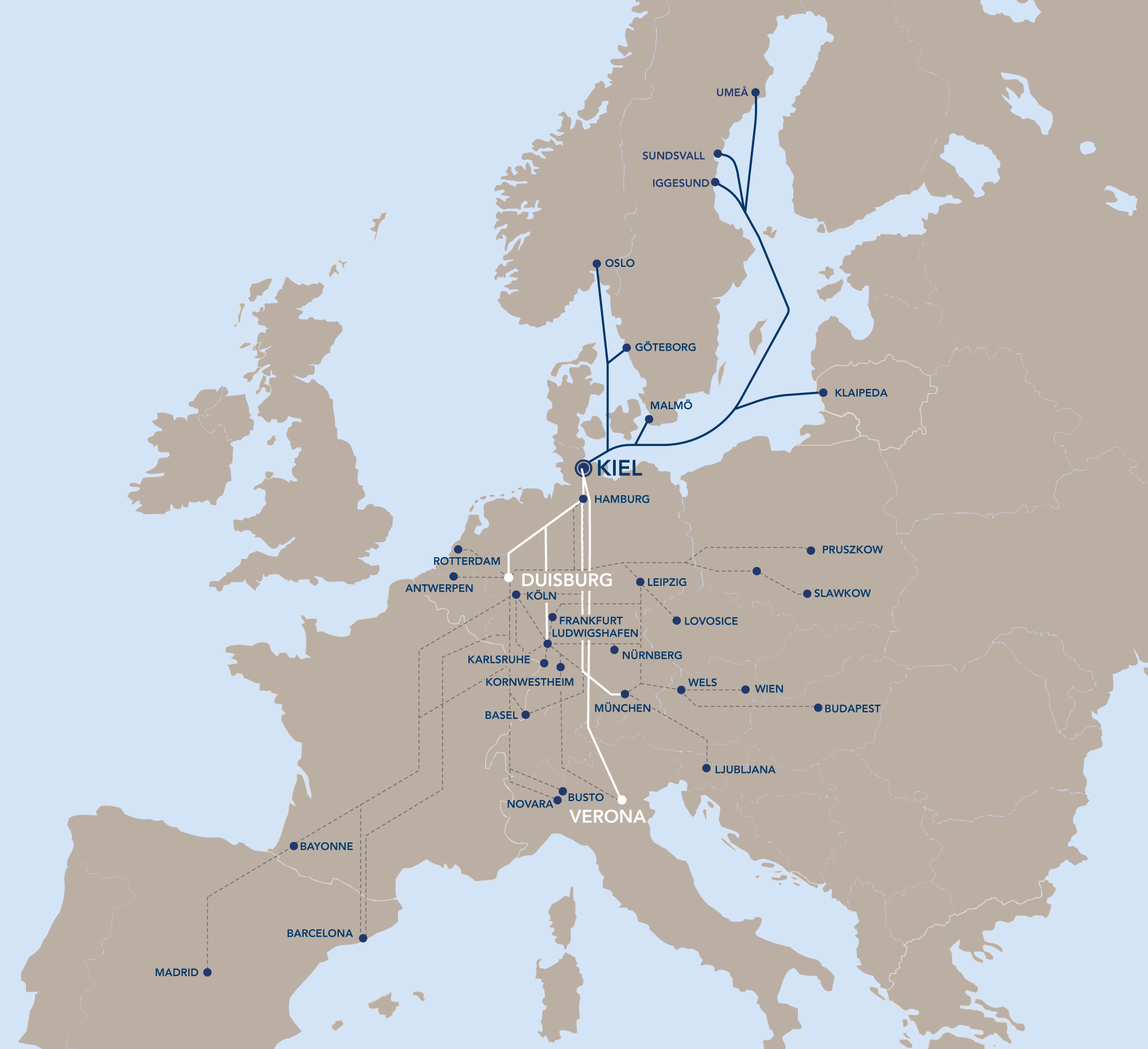 Auf dem Bild sieht man die Fähr- und Bahnverbindungen für Gütertransporte über Kiel.