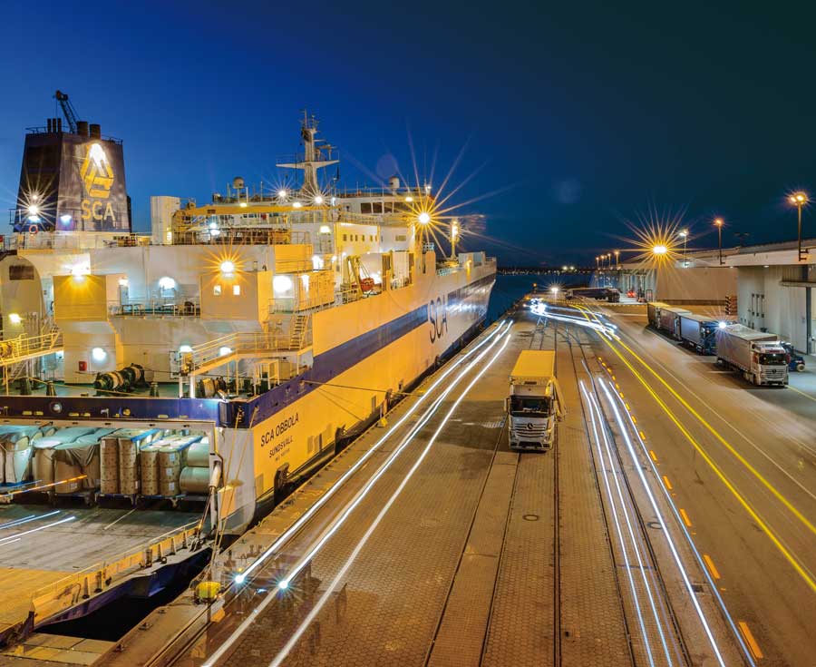 Port handling at night. Long exposure of the vehicles.